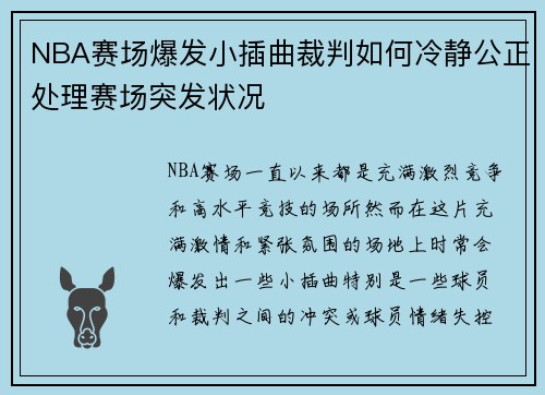 NBA赛场爆发小插曲裁判如何冷静公正处理赛场突发状况