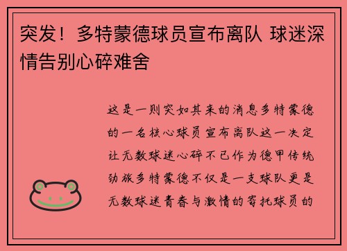 突发！多特蒙德球员宣布离队 球迷深情告别心碎难舍